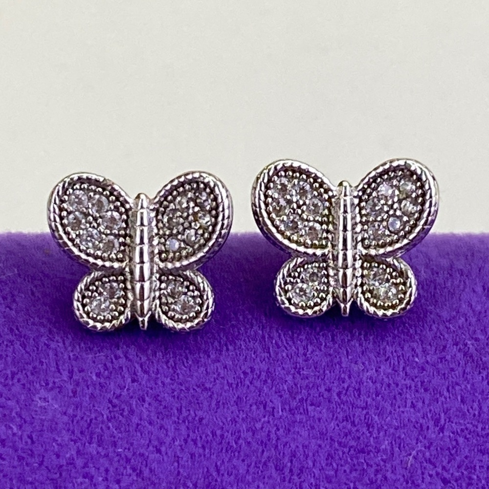 💛 Cute Sterling Silver CZ Butterfly Stud Earrings | Pavé Crystal Feminine